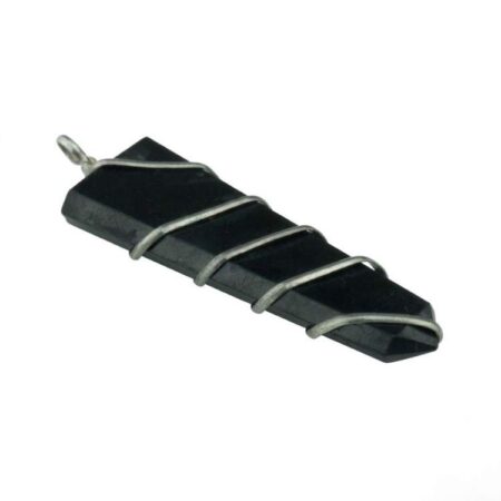 Black Shungite Flat Stone Wire Wrapped Pendant