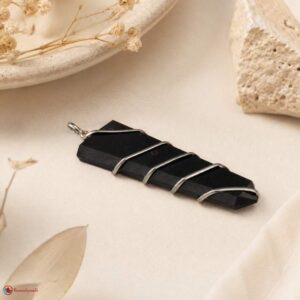 Black Shungite Flat Stone Wire Wrapped Pendant