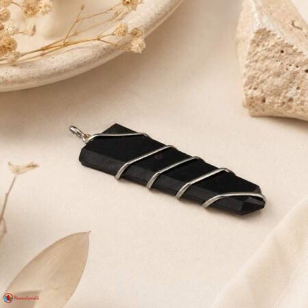 Black Shungite Flat Stone Wire Wrapped Pendant