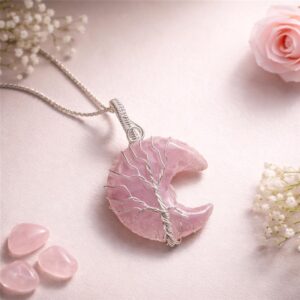 Rose Quartz Half Moon Tree of Life Pendant