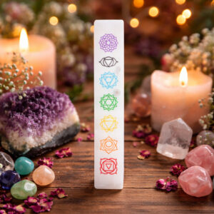 7 Chakra Selenite Stick, Selenite Stick With Color 7 Chakra Symbols Engraved