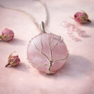 Rose Quartz Round Shaped Tree Of Life Pendant