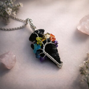 Black Tourmaline 7 Chakra Tree of Life Pendant