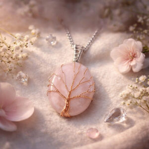 Rose Quartz Oval Shape Tree Of Life Pendant