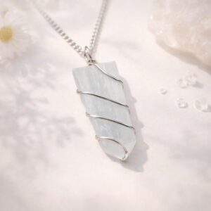 Selenite Flat Stone Wire Wrapped Pendant