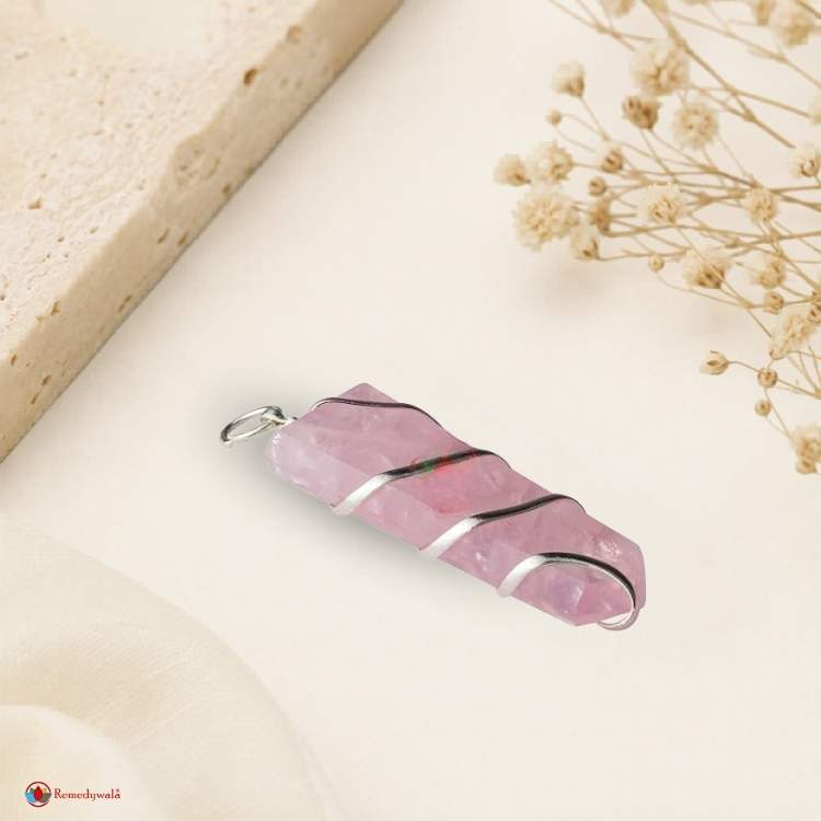 Rose Quartz Flat Stone Wire Wrapped Pendant