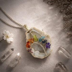 Grey White Color Agate 7 Chakra Tree Of Life Pendant