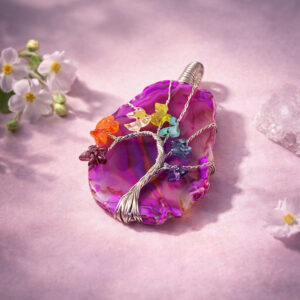 Pink Color Agate 7 Chakra Tree of Life Pendant