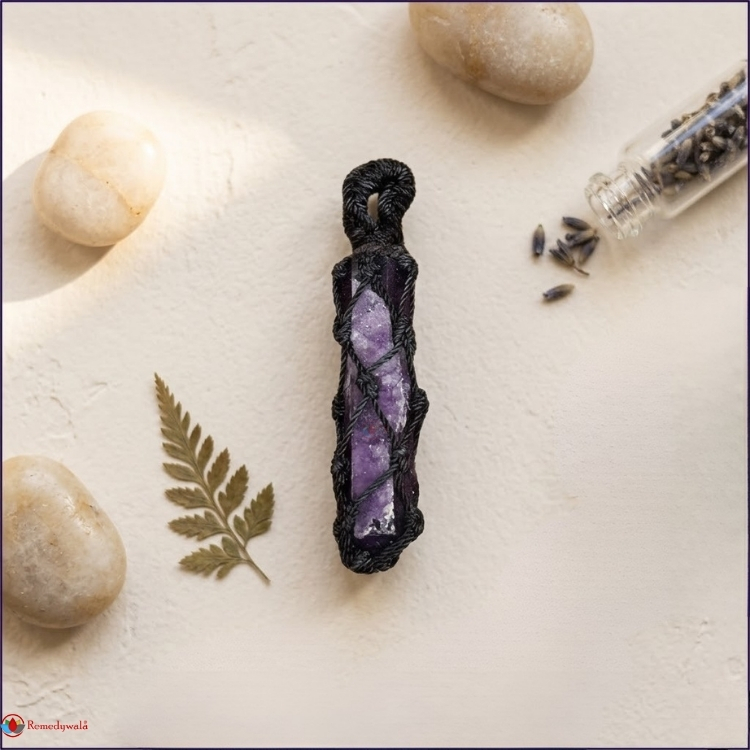 Amethyst Thread Cage Rough Stone Pencil Pendant