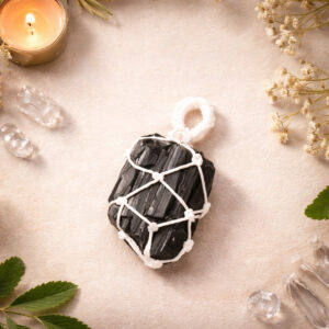 Black Tourmaline White Thread Cage Pendant