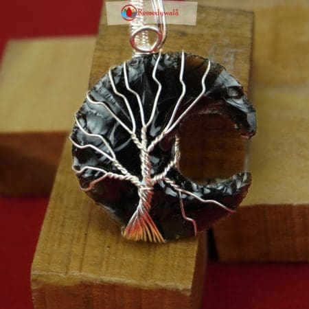 Black Obsidian Half Moon Tree of Life Pendant