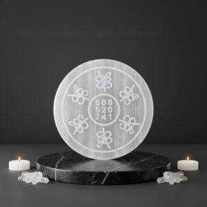 Selenite Zibu Symbol Carved Round Plate