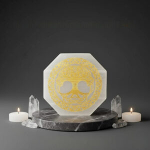 Selenite Golden Tree Carved Hexagon Plate