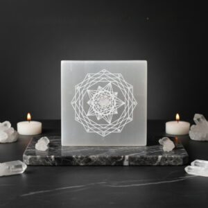 Selenite Metatron’s Cube Shri yantra Carved Plate
