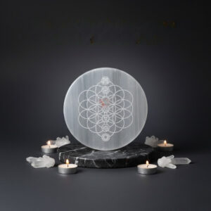 Tree of Life Chakra Carved Round Selenite Plate