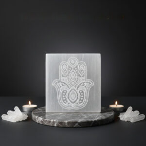 Selenite Humsa Carved Plate