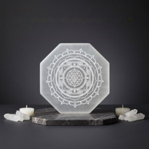 Shri Yantra Carved Hexagon Selenite Plate