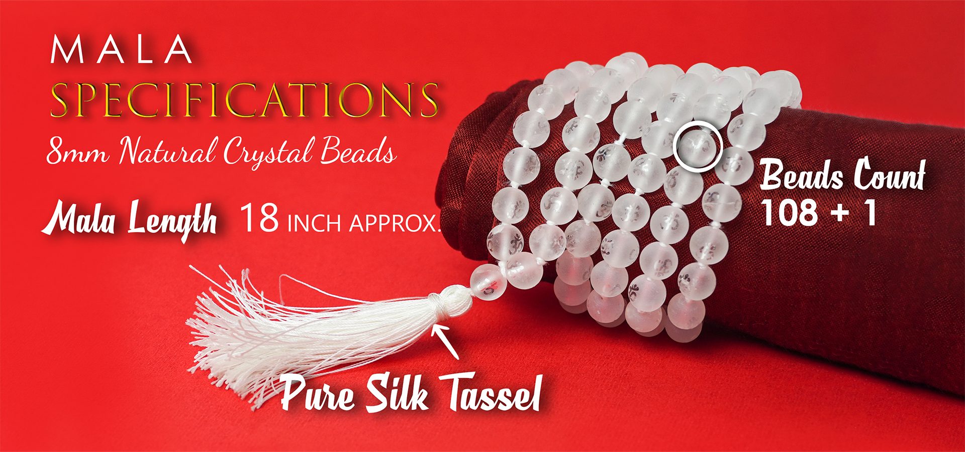 Om Clear Quartz Crystal Stone Mala 8 mm