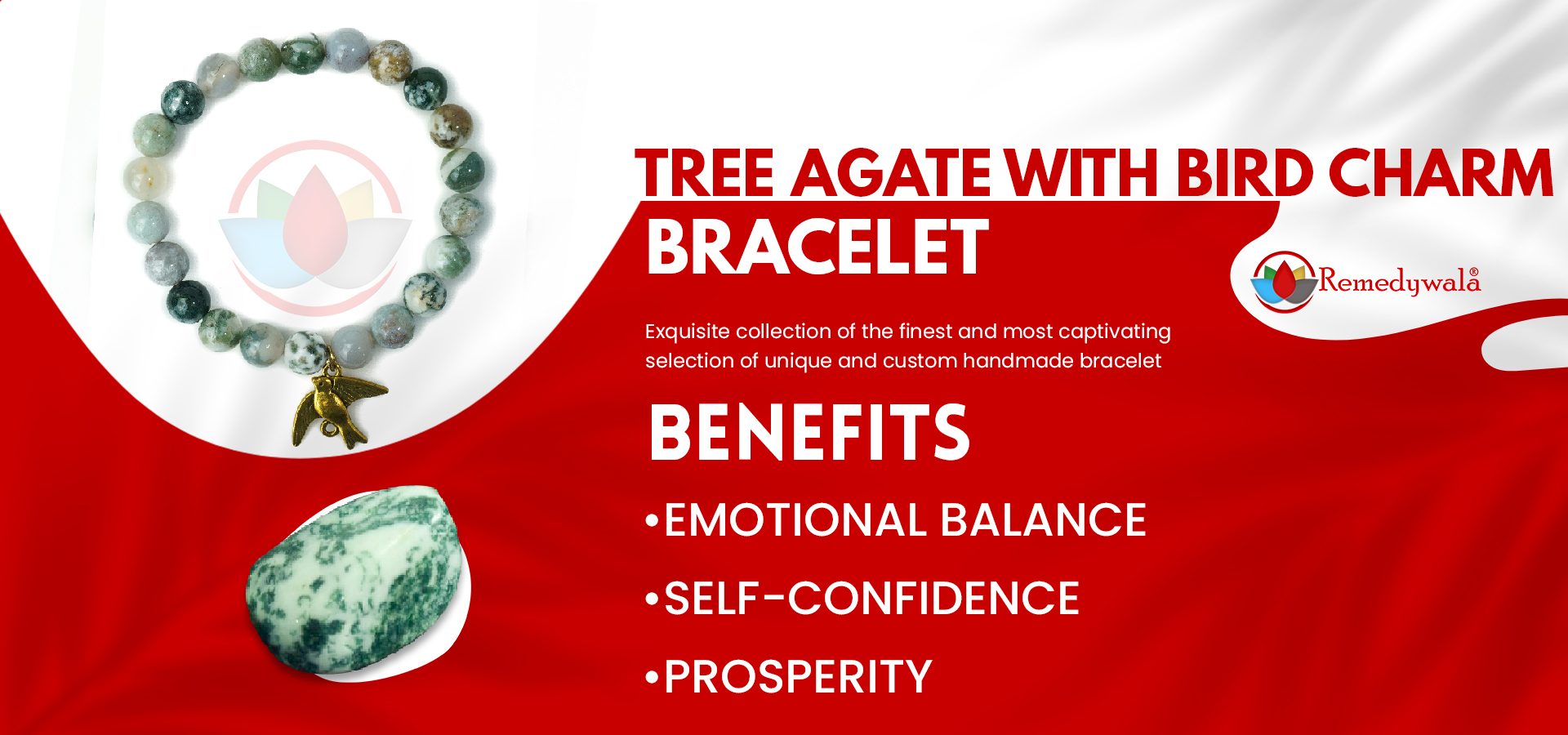 Tree Agate Bracelet 8mm with Bird Charm